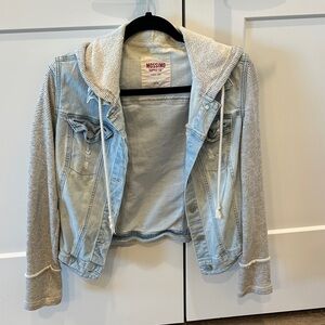 Light Blue Denim Jacket with Gray Knit Sleeves/Hoodie